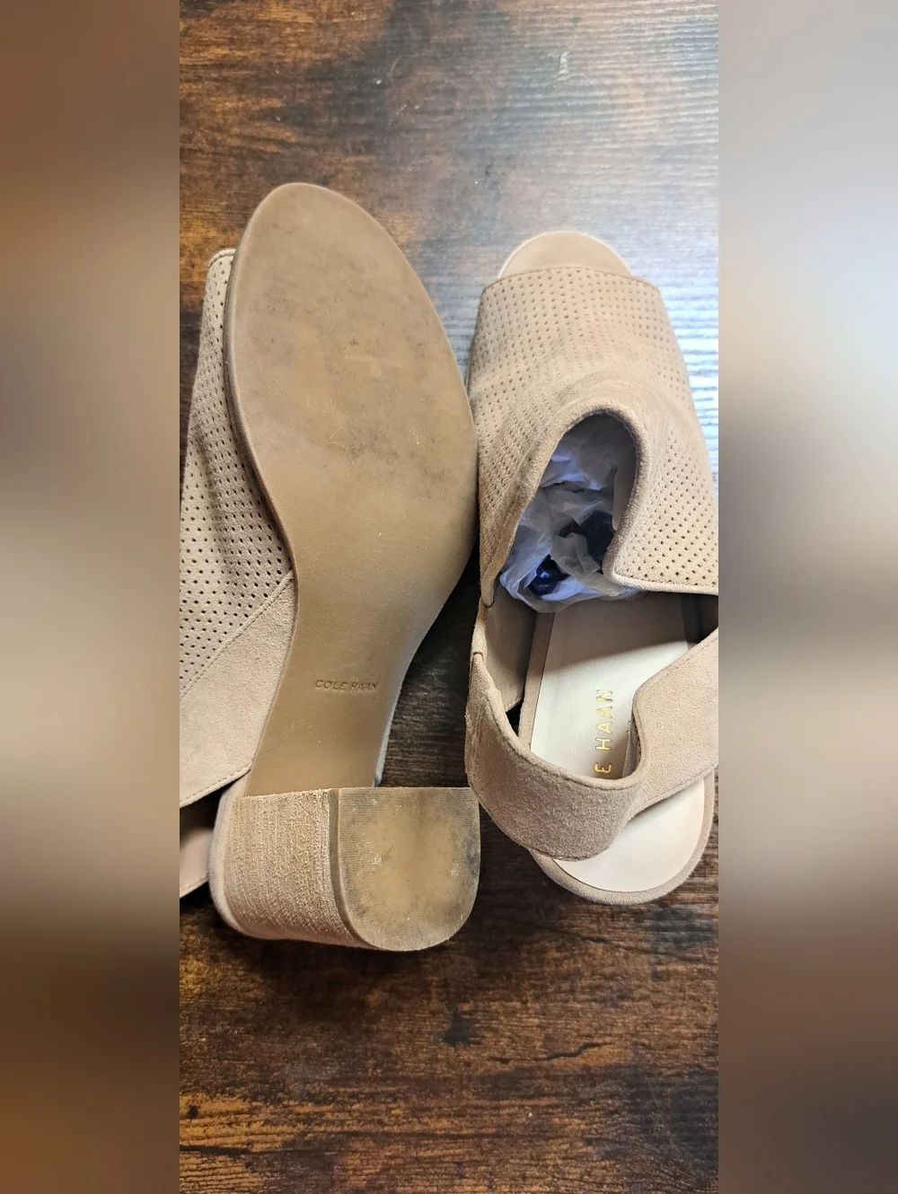 Ladies Cole Haan Tan Suede Perforated Open Toe Sling Back  Sz 9B  Dressy Read